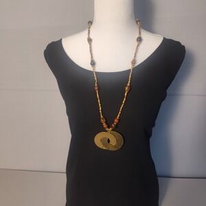 Boho Hammered Gold Double Circle Pendant Beaded Long Necklace Brown Tan 16in
